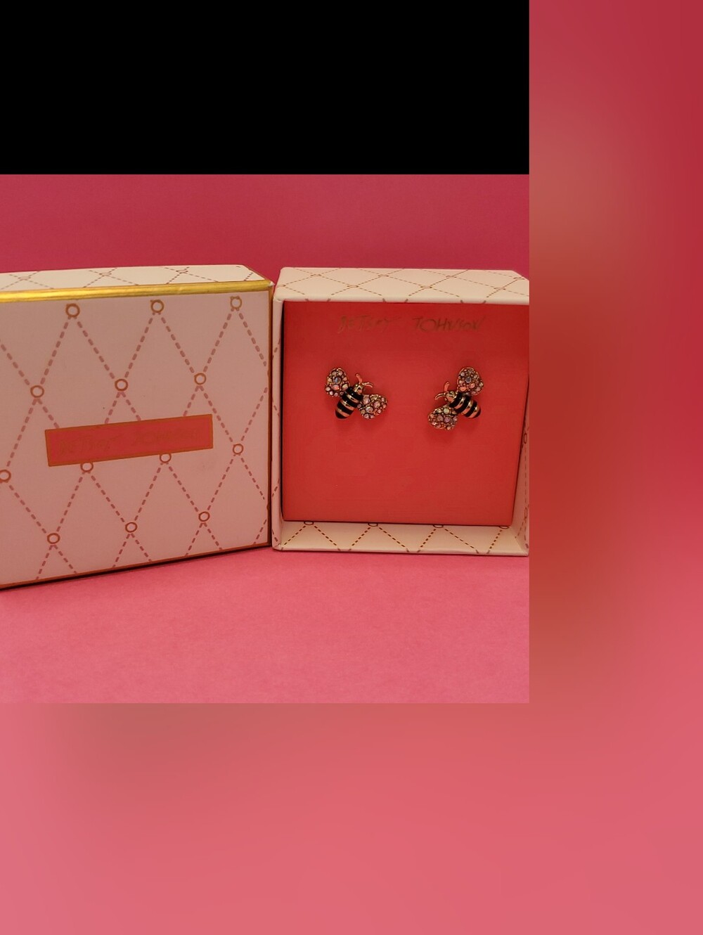 Betsey Johnson Gold Bee Stud Earrings with Black Stripes and Pink Crystals